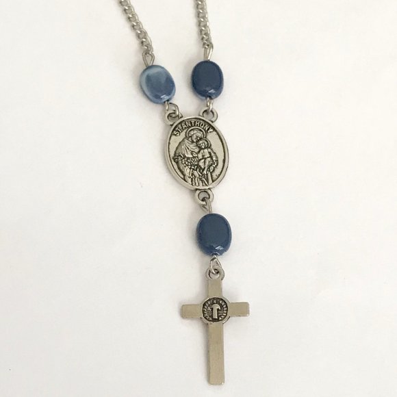 Vintage St Saint Anthony Peregrine Cross Necklace Medal Catholic 21" Blue Beads - Picture 8 of 11